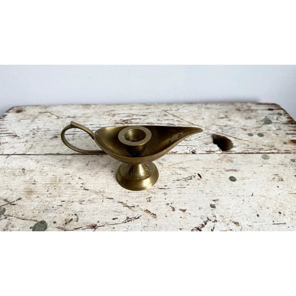 Vintage Etched Brass Genie Lamp Taper Candle Holder Boho Decor 6.25 Inch